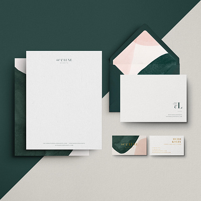 Stationery for 44th & Luxe abstract brand assets brand identity business card elegant emerald feminine gold foil illustration letterhead logo notecard stationery watercolor wedding