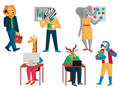 Office Animals animals character design elephant giraffe illustration lion office parrot tech vector workers zebra