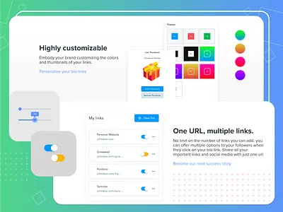 URLbio by Kicksta Landing Page Detail blue green instagram kicksta landing landing page light marketing marketing agency marketing site orange pengyi labs social tiktok web design web designer