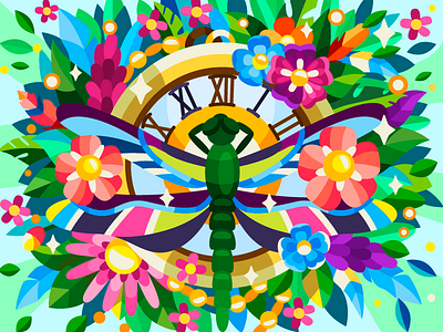 Big dragonfly artist artwork cartoon cartoon illustration clock coloring book coloringbook design dragonfly drawing flat flower illustration