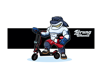 jerung shark text logo and mascot character design cool e scooter logo extreme sports jerung wheels logo mascot design shark shark design shark mascot sports logo