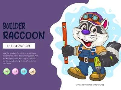 Cartoon Raccoon Builder adorable animals art builder cartoon character clipart comic coon design illustration isolated mascot raccoon repair stickers t shirt vector