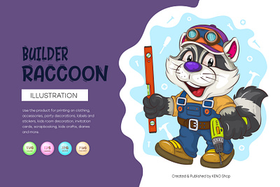 Cartoon Raccoon Builder adorable animals art builder cartoon character clipart comic coon design illustration isolated mascot raccoon repair stickers t shirt vector