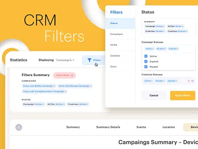 CRM Platform - Filters experience ads campaigns card design crm crm software dashboard design design filters inspiration labels multicolor multiselect navigation design statistics summary tag design ui ui design ux ux design