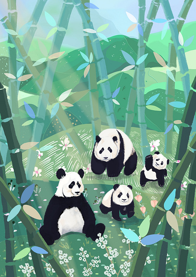 Panda family illustration contemporaryart contemporaryillustration cover design digital artist digital artwork digital illustration digital painting hand drawn hygge kids art modern illustration muted colors nursery panda illustration pastel colors pastel illustration procreate procreate art storyboard