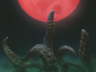 Blood moon 3d 3dsmax art beast blood concept deep fear fog full moon monster moon night octopus realistic red render swamp tentacles