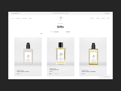 Jo Loves, Fragrance eCommerce | Browse & Add To Cart Flow add to cart animation beauty cart clean e comerce fragrance grid interaction interface minimalist motion progressbar scent shop ui ux video web website