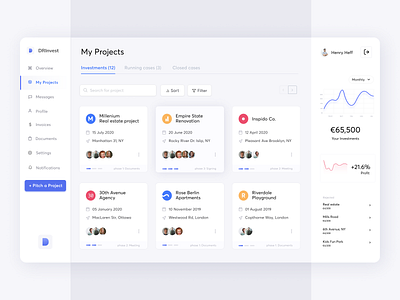 Investments Dashboard app chart clean dashboard financial app flat funding interface invest modern money product progress services startup ui web web design