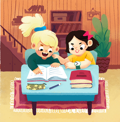 Doing homework together character character design children childrens book childrens illustration friendship girls homework illustration prostora