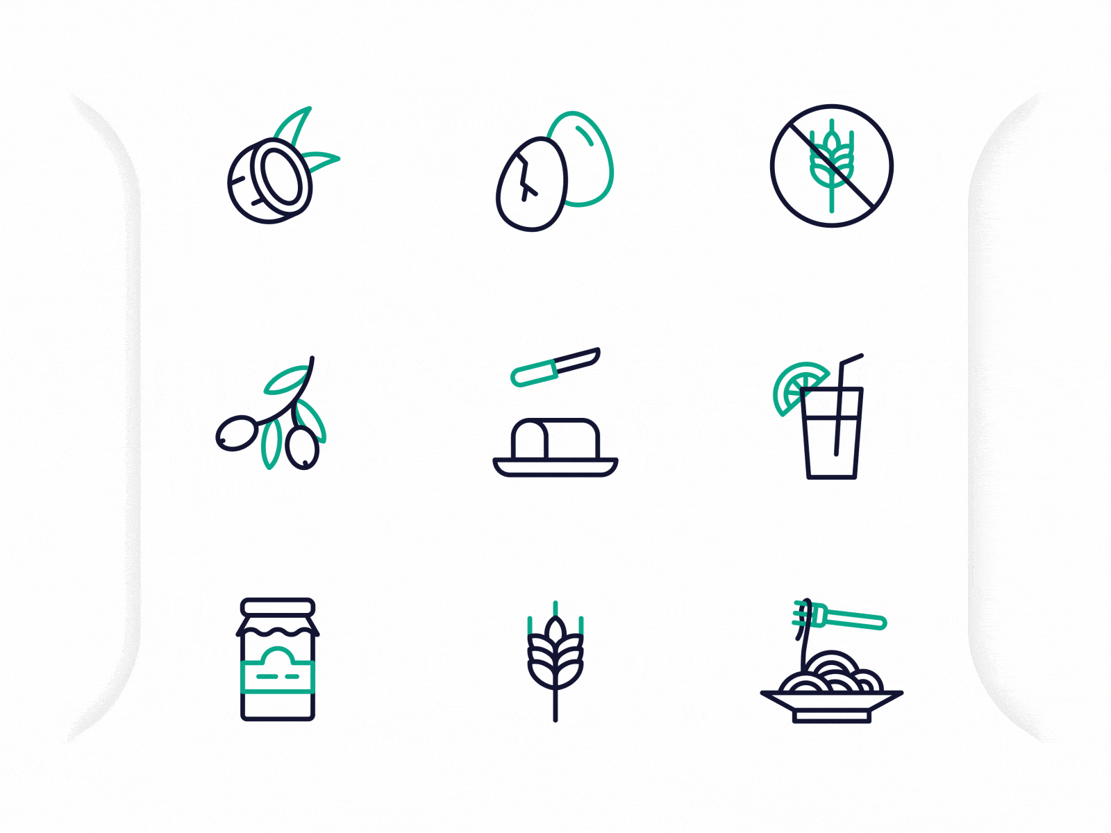 Food Animated Icons #8 2d animation animation bodymovin butter coconut drink eggs honey icon lottie microinteraction motiongraphics olives pasta spaghetti svg animation vegan wheat