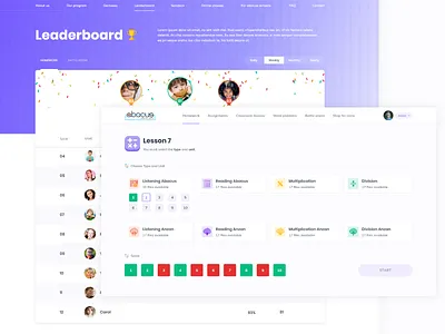 Abacus: a web-based E-learning platform abacus app dashboad design e learning for kids homework interface leaderboard learning lessons math mental platform training ui ux web website