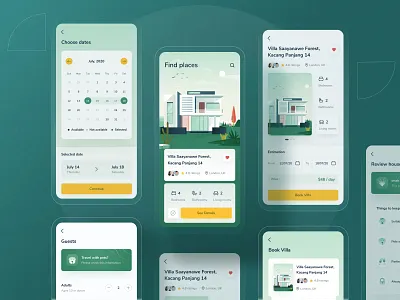 Villa finder app rebound book calendar chart dashboard details green home illustration ios landing marketing profile properties room travelling ui vacation website
