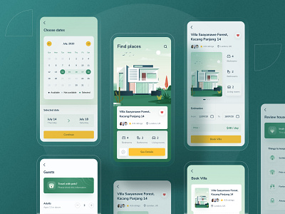 Villa finder app rebound book calendar chart dashboard details green home illustration ios landing marketing profile properties room travelling ui vacation website