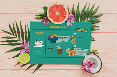 Beachgoers Delight Tiki Bar Menu branding design graphic design illustration logo menu menu design tikibar tikimenu typography