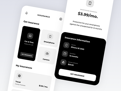INFIBANK: Insurance app bank banking black car coverage deals detail device finance fintech grid insurance list mobile price protection smartphone travel white