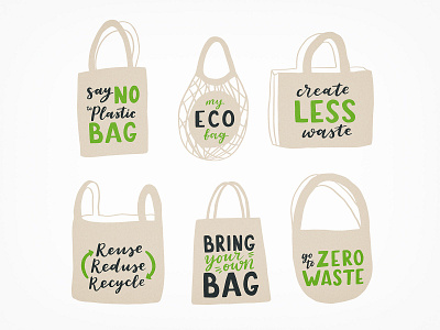 Eco bag print set concept eco lettering print quote typography vector zero waste