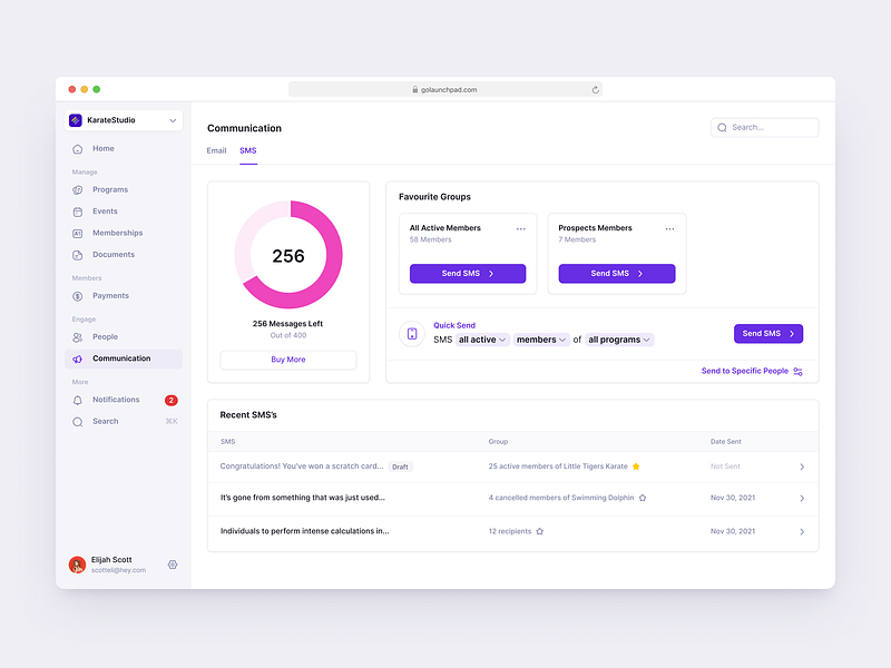 LaunchPad SMS Experience app balance bulk calendar chart dashboard email event graph pie sms ui ux web