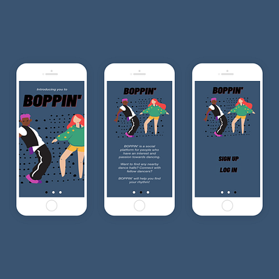 BOPPIN' Social Dance Platform First Three Pages adobe xd art dance design minimal ui ux ux design ux ui visual