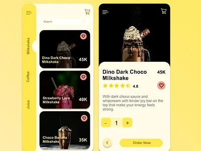 Drinks Order (Mobile App) design drinks likes milkshake mobile app design mobile design order theme ui ui design user interface yellow