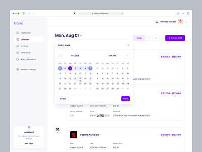 Traba - Calendar app calendar dashboard design employee management product profile select shift ui user ux web work