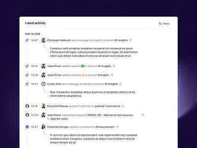 Activity feed activity feed dialog figma filters list messages modal notifications purple saas threads web