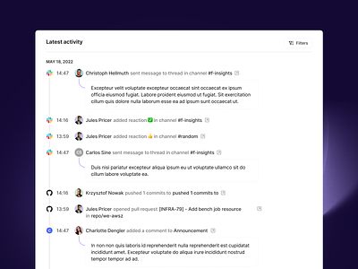 Activity feed activity feed dialog figma filters list messages modal notifications purple saas threads web