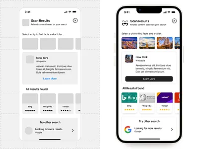 Wireframe to mockup app bing cities city design google iphone iphone 13 mockup news process product design results scan search snippets ui ux wikipedia wireframe