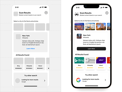 Wireframe to mockup app bing cities city design google iphone iphone 13 mockup news process product design results scan search snippets ui ux wikipedia wireframe
