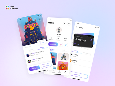 BeeNFTs - NFT Market App Design animation app balance capi creative crypto design finance illustration metaverse mobile nfts ui kit