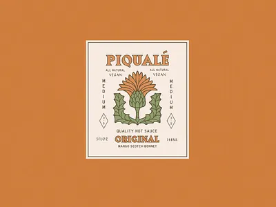 Piqualé Hot Sauce Logo art artwork brand identity distressed faded hot sauce illustration label logo mexico orange packagedesign packaging rust rustic southwest thistle typography vintage