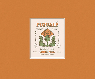 Piqualé Hot Sauce Logo art artwork brand identity distressed faded hot sauce illustration label logo mexico orange packagedesign packaging rust rustic southwest thistle typography vintage