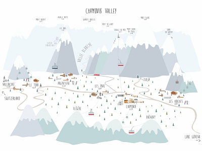 Chamonix Valley dreamy map art building cabins chalets concept design dreamy flat gondola illustration mountains resorts ski snowboard vector villages winter sports