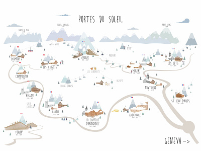 Portes du Soleil ski resorts and villages map art building cabin cabins chalet concept design dreamy flat illustration map mountains resorts ski snowboard vector villages winter sports