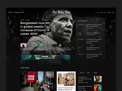 Daily star redesign concept (Rejected) bangla creative dailystar dailystar dark dark mode dark theme design magazine minimal new york news newsfeed newspaper obama ui uidesign uiux website