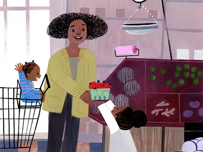 At Grocery Store with Mom art character design color environment design family gouache grocery illustration painting strawberries