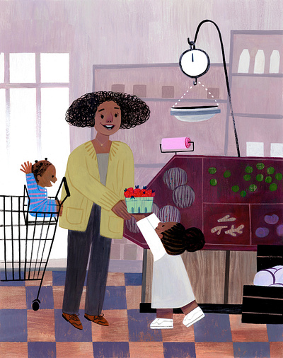 At Grocery Store with Mom art character design color environment design family gouache grocery illustration painting strawberries