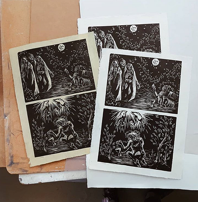 double print - gethsemane and job biblical black and white drawing fine art illustration linocut narrative print relief print