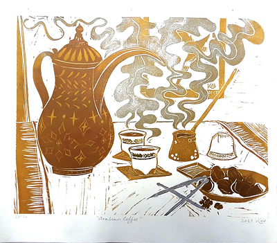 Arabian Coffee fine art illustration linocut linoleum monoprint nutcracker relief relief print still life