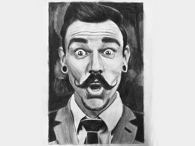 Guy with a mustache charcoal drawn portrait