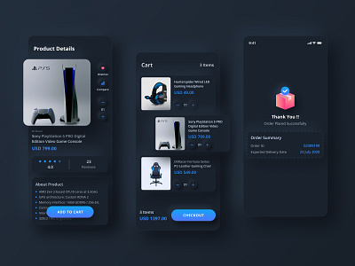 Skeuomorph - Gaming Products App | Dark Mode cart console dark dark mode design gaming glow gradient icons neumorphism night mode playstation product ps5 shadow skeuomorphism soft thankyou ui ux