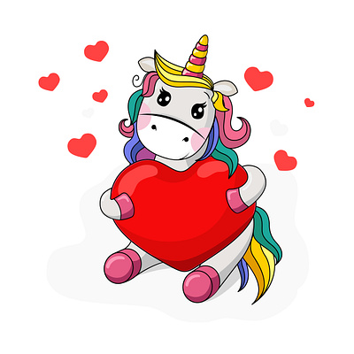 Cute unicorn holding a red heart вектор единорог красное сердце цветной единорог