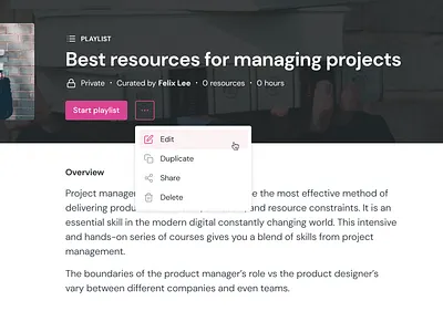 Playlist Overview course dropdown edit education learning learning management system overview playlist popover