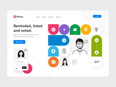 Notez Homepage branding characters colors flat home homepage identity illustration minisite notes people remind ui vector website