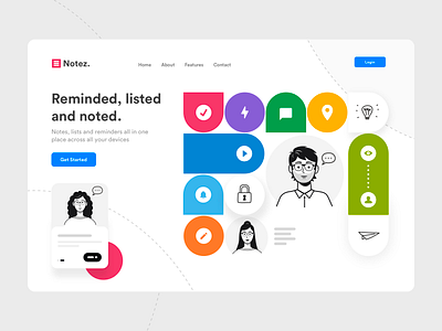 Notez Homepage branding characters colors flat home homepage identity illustration minisite notes people remind ui vector website