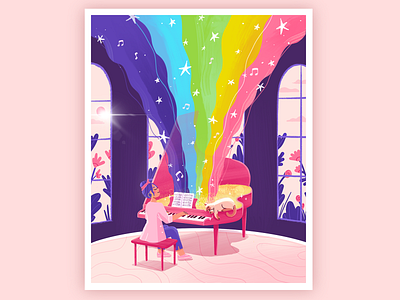 This Magic Moment🌈 2d cat character design flat flowers girl happy illustration inspiration love music musician piano play rainbow relax room stras wave