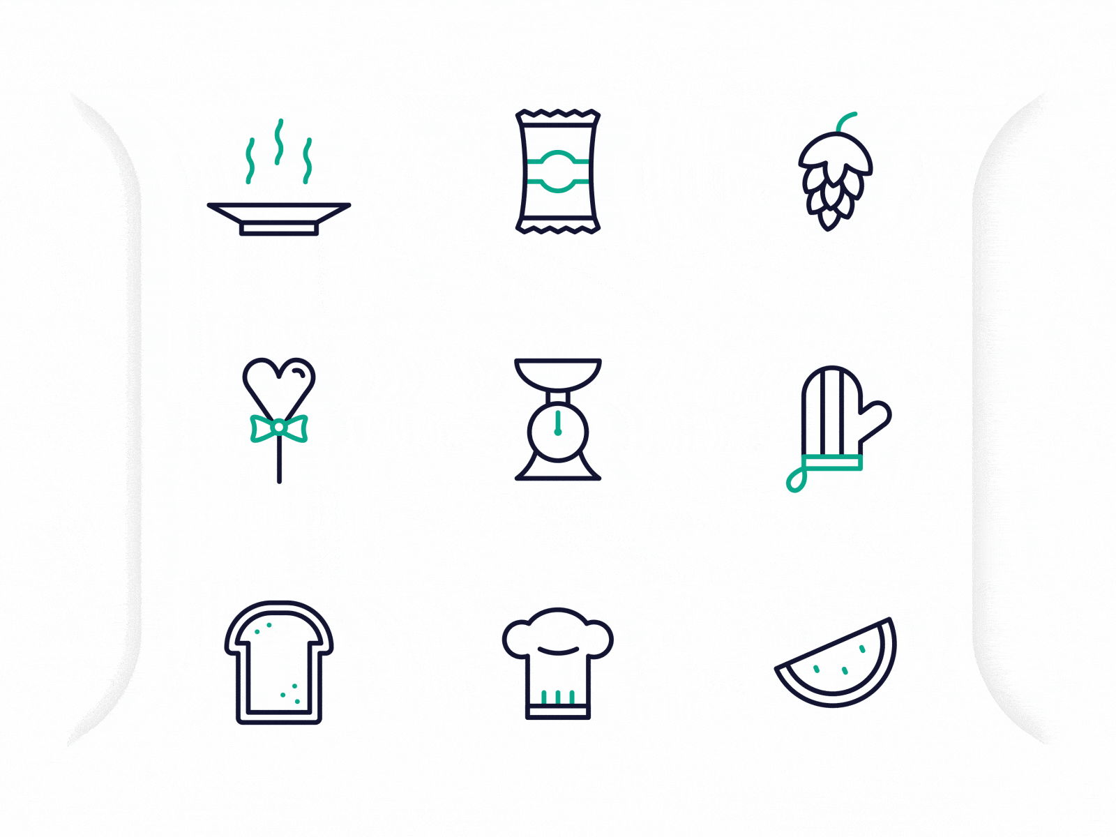 Food Animated Icons #9 2d animation animation bodymovin bread chef hat chips food glove icon kitchen scale lollipop lottie microinteraction plate svg animation warm warmth watermelon