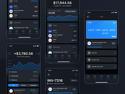 Cinch. Mobile banking for Business. Alternative version analytics app balance banking blue chart dark mode dark ui dashboad dashboard app dashboard ui design financial app fintech fintech app graphic interaction screen ui ux