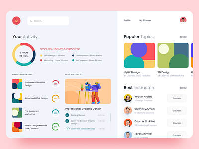 Online Course - Student Dashboard UI Exploration classes clean courses dashboard education feed instructor online course student web app trainer ui ux