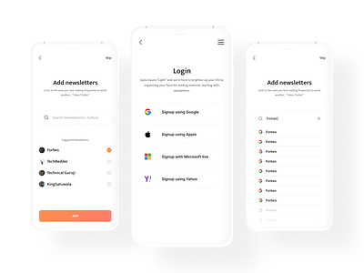 Login Screens add app ui branding clean design clean ui dailyui design hero section login minimalist design mobile ui newsletters onboarding orange sign in signup soft ui ui ux web app white