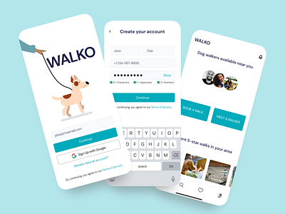 WALKO – Find a trusted dog walker in your area. app design mobile app design product design ui